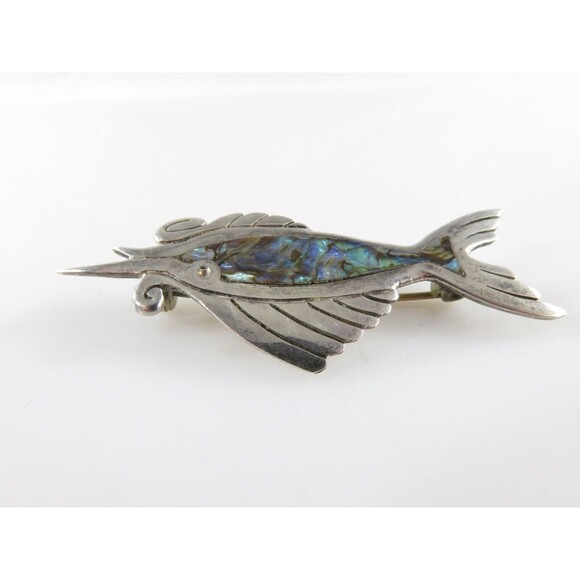 Vintage Sword Fish Pin Sterling Silver  Taxco PC Blue Abalone Inlay - Picture 4 of 7